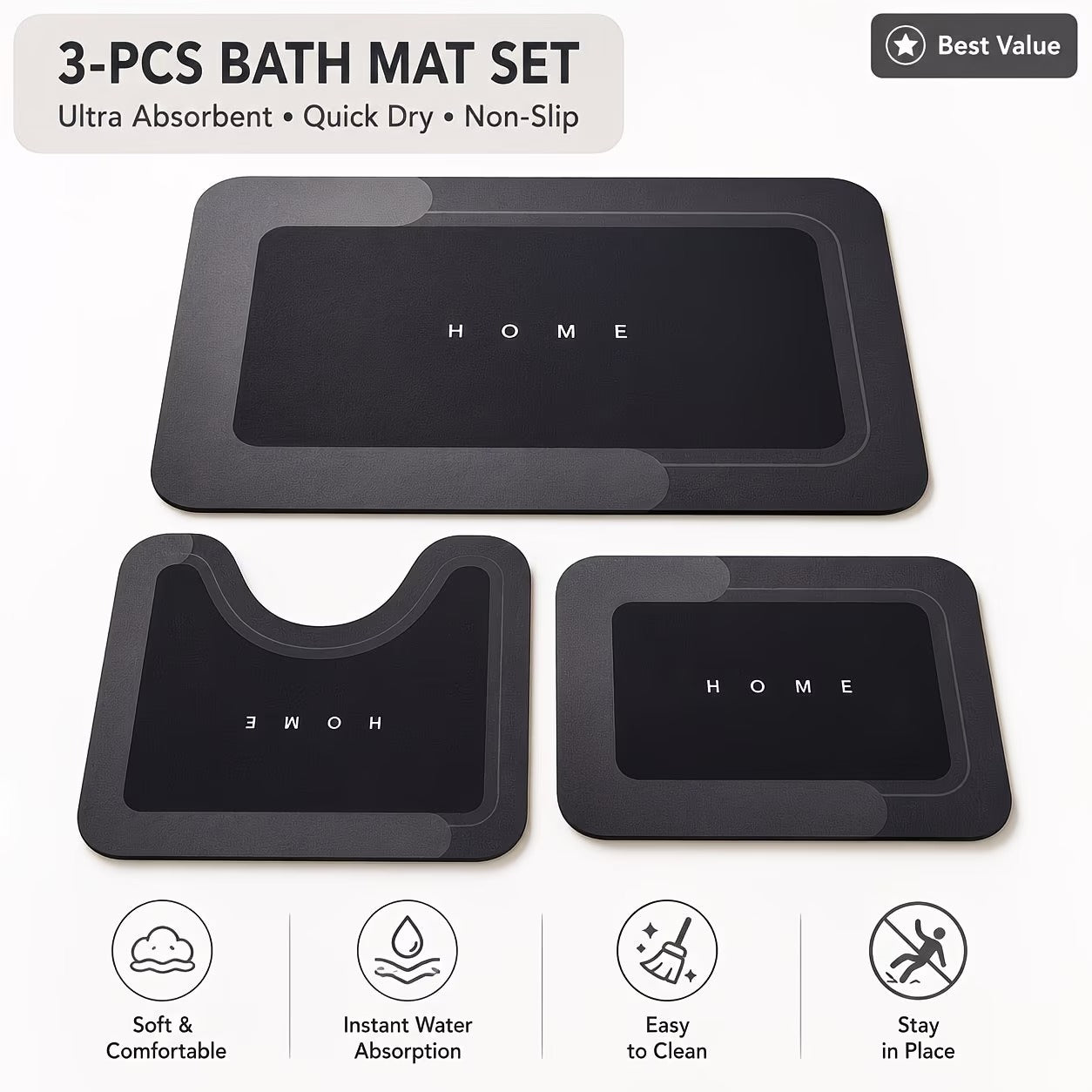 3pcs Absorbent Non-Slip Foot Mat